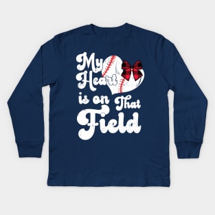 funny My Heart is on That Field softball baseball mom dad Leopard Kids Long Sleeve T-Shirt